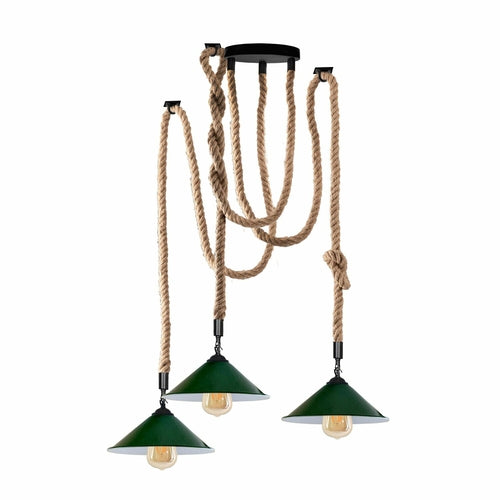 Industrial vintage Retio 3 Head Hemp Spider Chandelier Cone Green