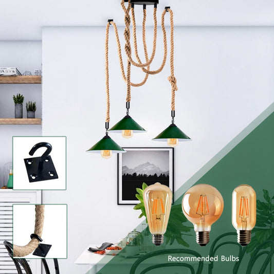 Industrial vintage Retio 3 Head Hemp Spider Chandelier Cone Green