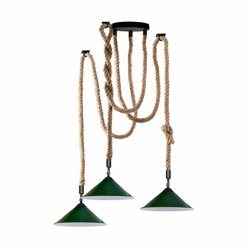 Industrial vintage Retio 3 Head Hemp Spider Chandelier Cone Green