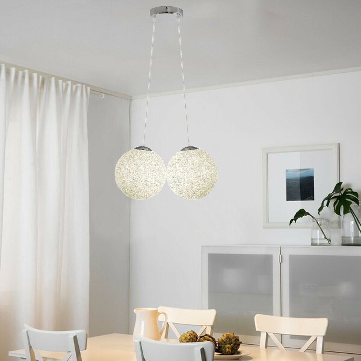 Modern Rattan Pendant Two Wicker Woven Ball Globes
