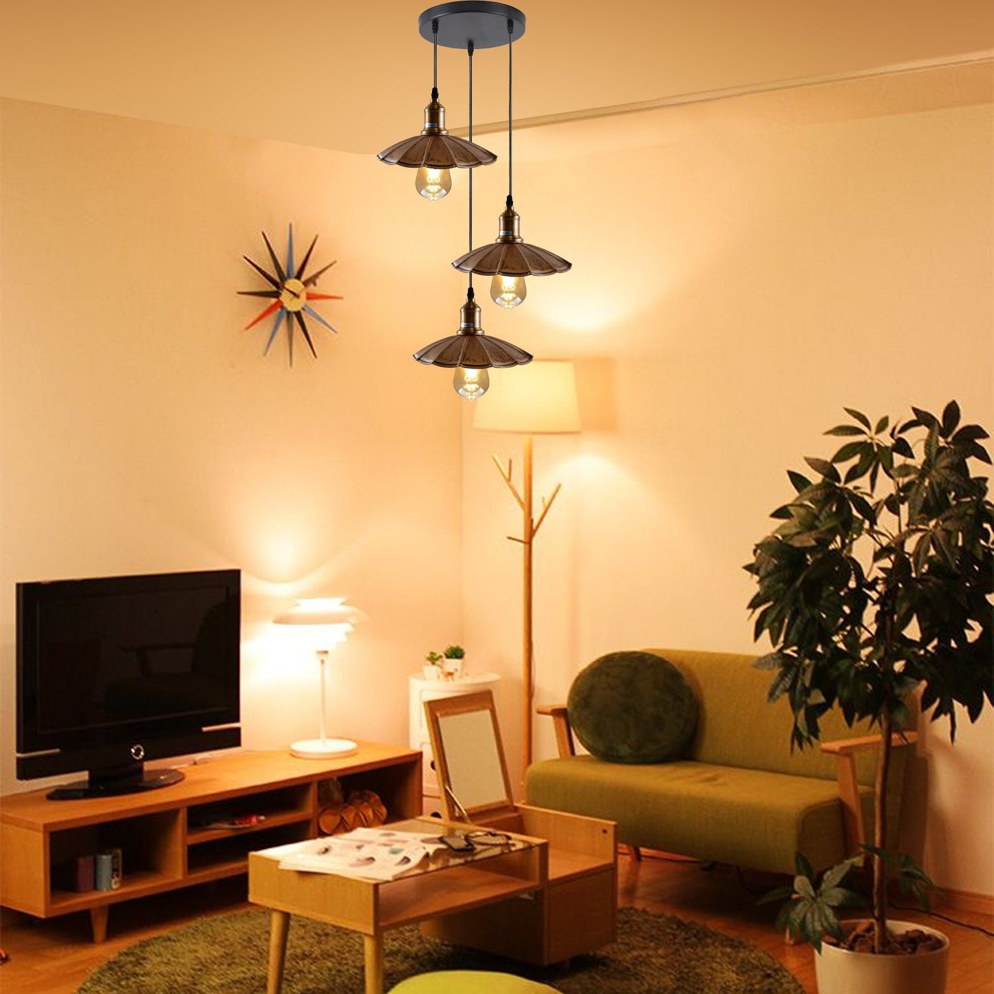 Sienna / Three Head Brushed Copper Ceiling Pendant