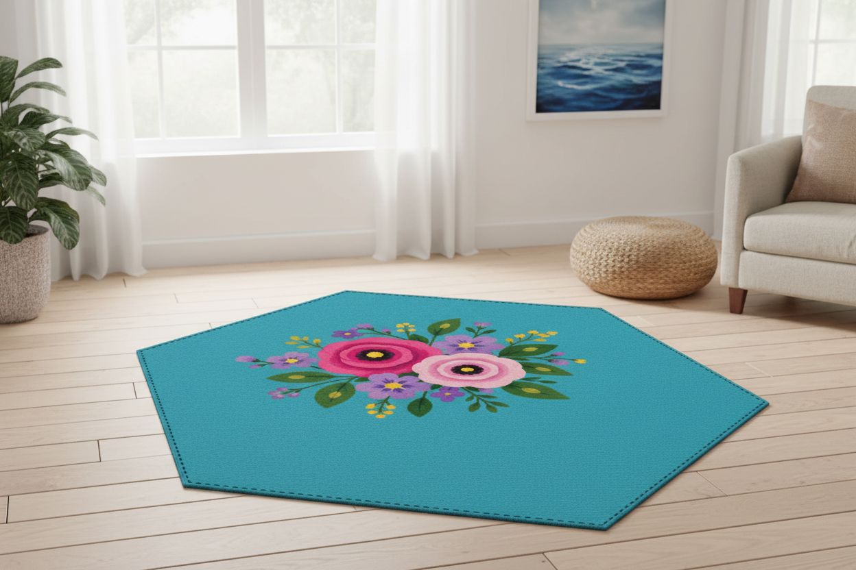 Posy Riot Hexagon Machine Washable Rug - Rose Eleanor - Sea Blue