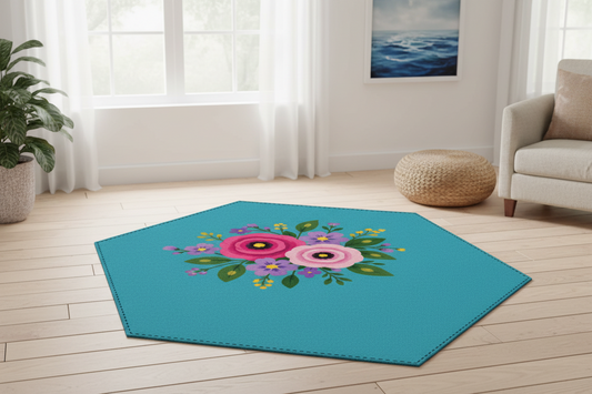 Posy Riot Hexagon Machine Washable Rug - Rose Eleanor - Sea Blue