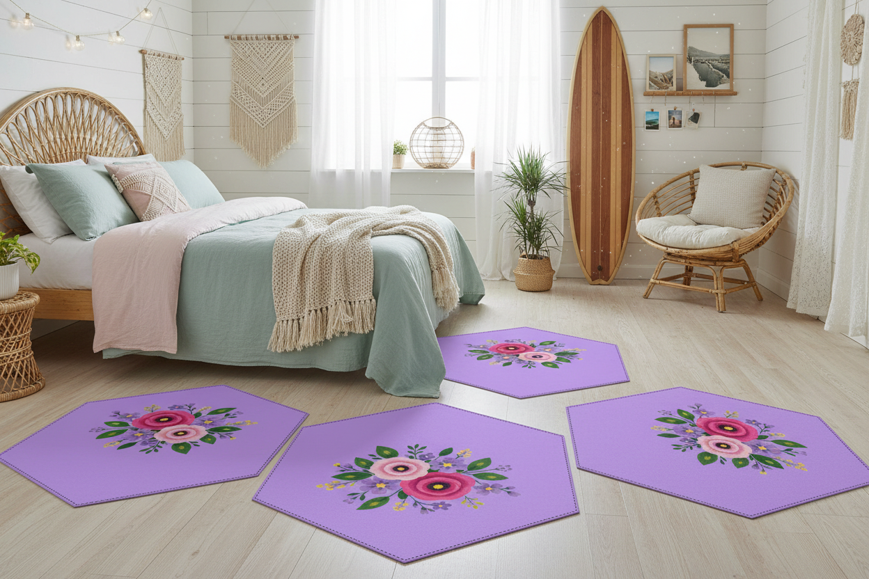 Posy Riot Hexagon Machine Washable Rug - Rose Eleanor - Lilac