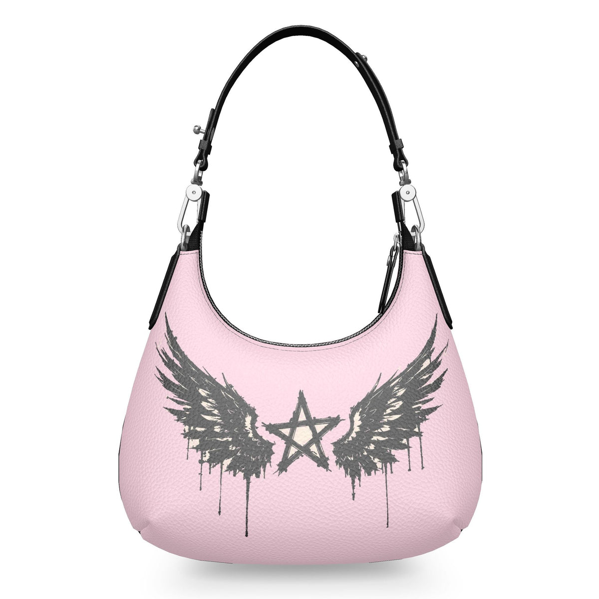 Rebel Riot Star Wings Blush leather handbag, pale pink background, reverse view with winged star print.