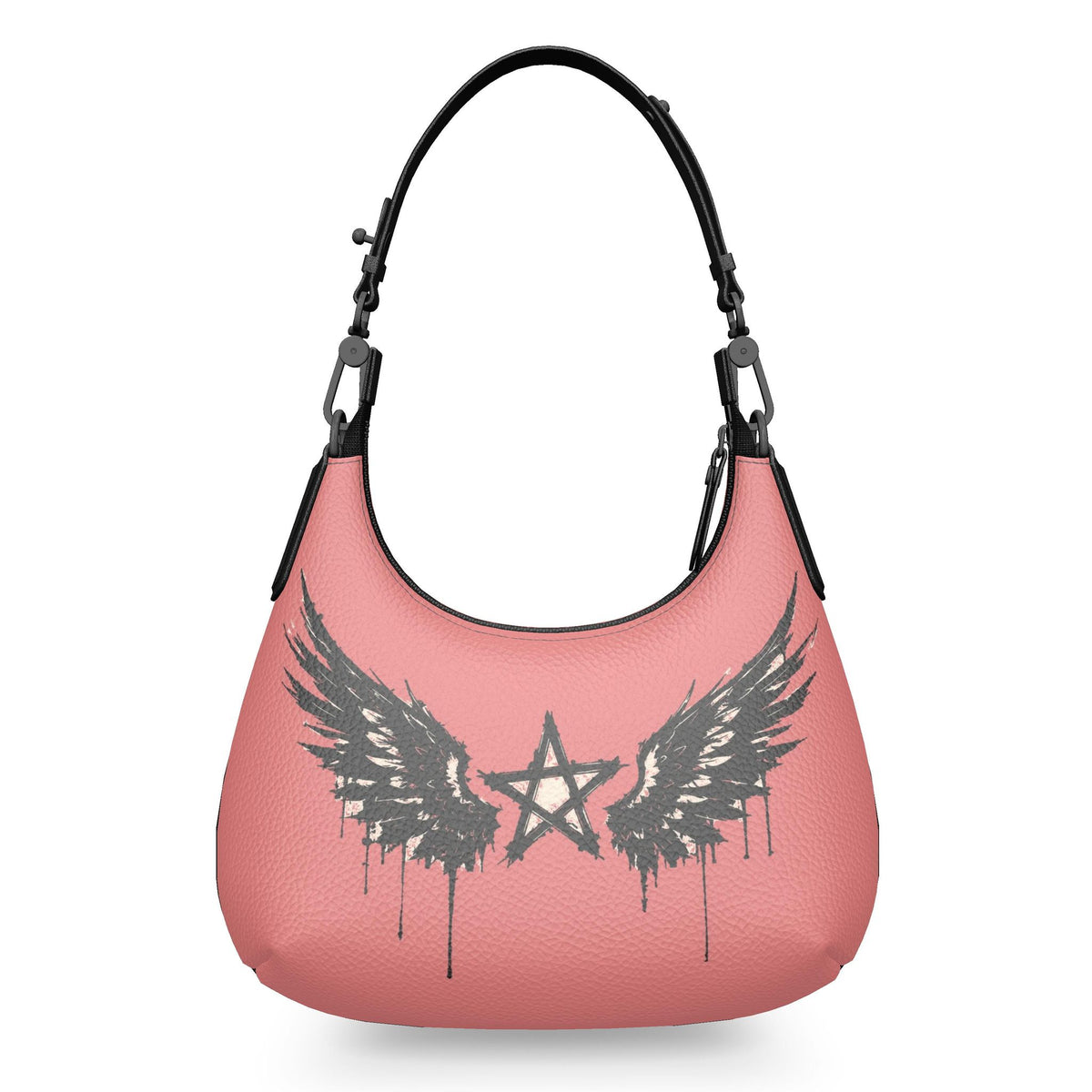 Rebel Riot Star Wings Apricot leather handbag, coral background, reverse view with winged star print.