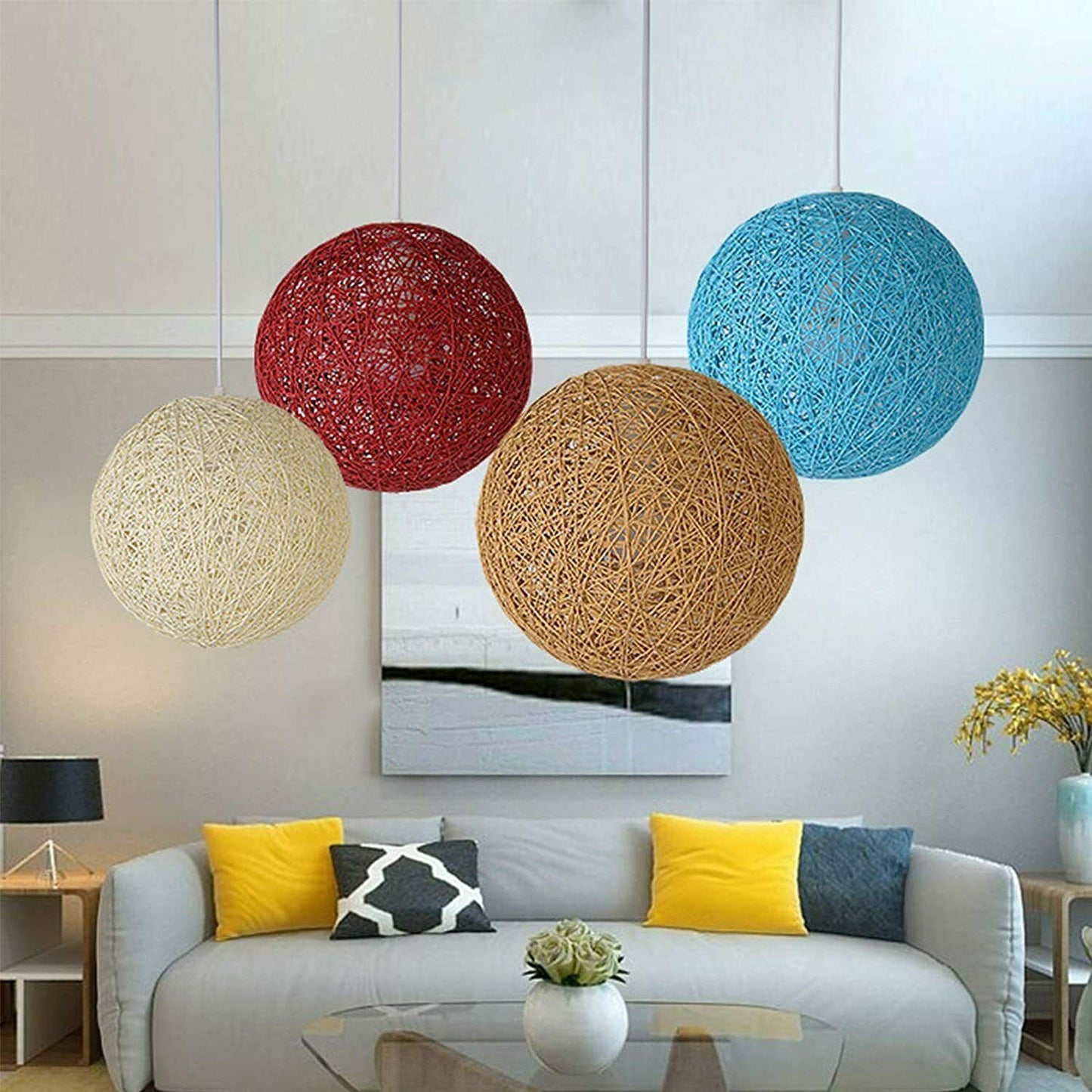 Modern Rattan Pendant Two Wicker Woven Ball Globes