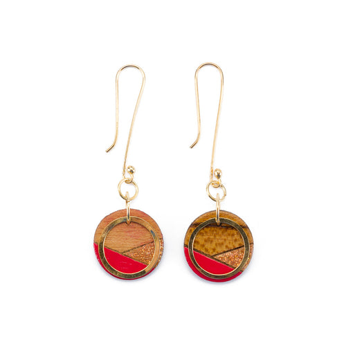 Contour red and glitter recycled wood gold earrings