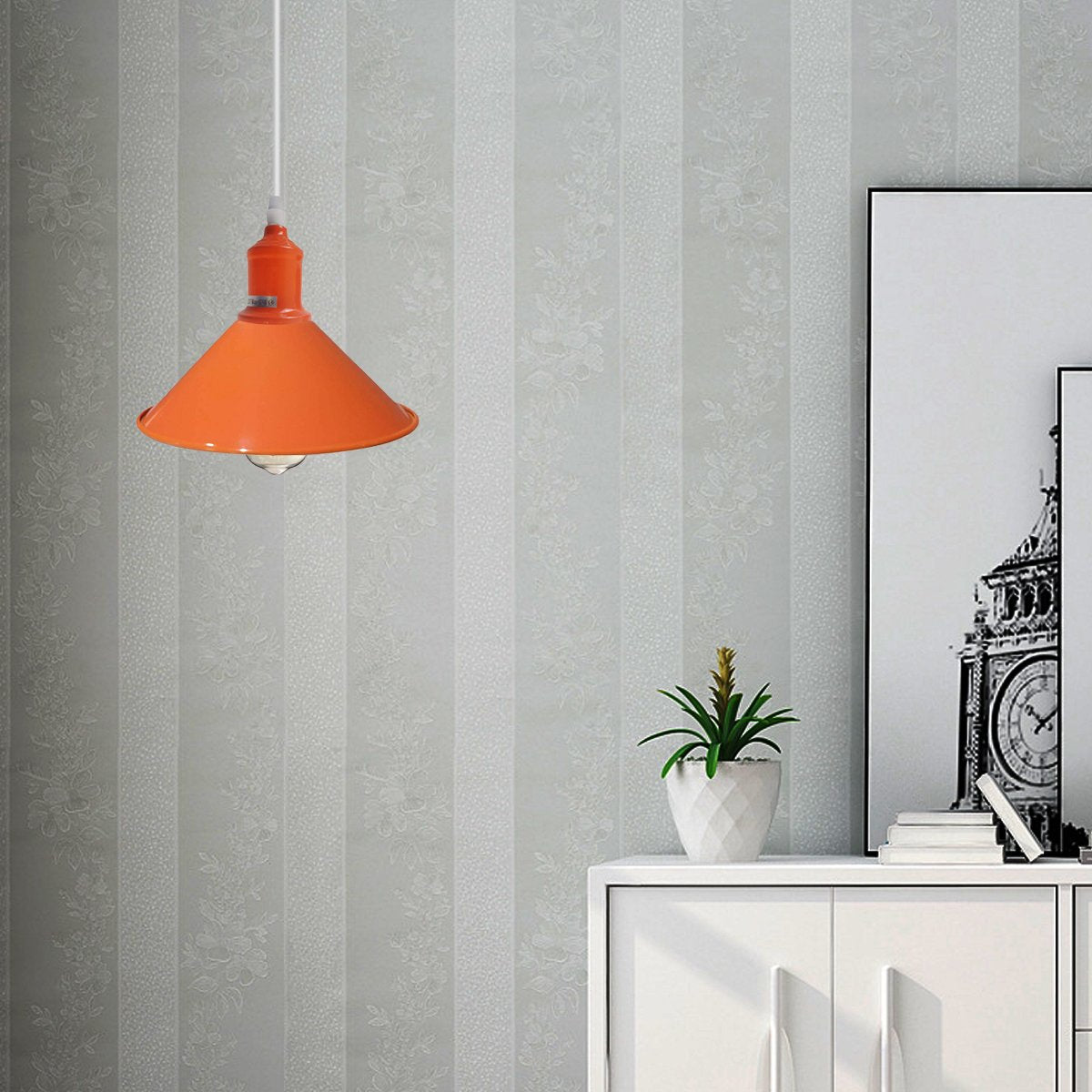 Orange Painted Metal Shade Lighting Vintage Pendant Light