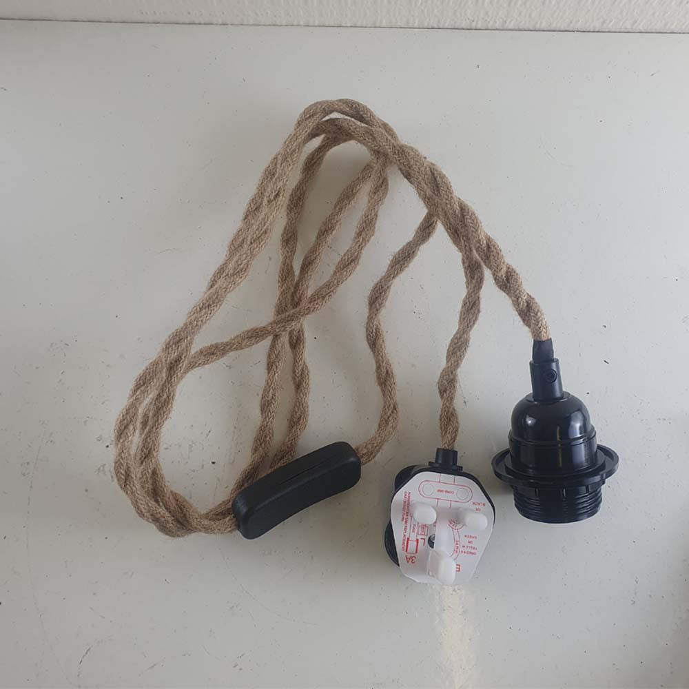 Rowan 2M Plug In Pendant Light With Black Holder & Hemp Cord - Loving You Back ❤️– Free P&P