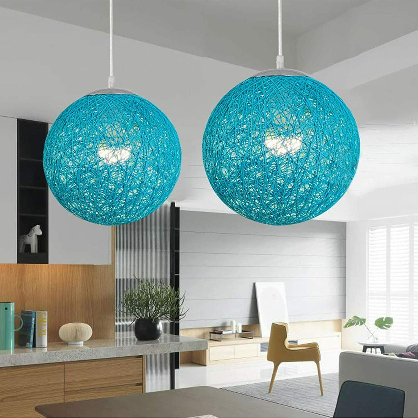 Modern Rattan Pendant Two Wicker Woven Ball Globes