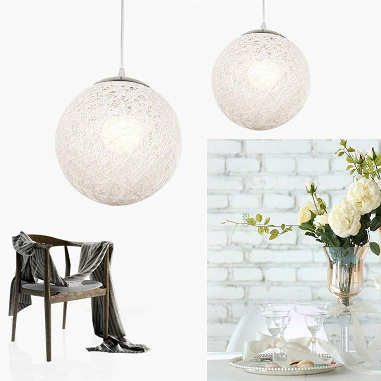 Modern Rattan Pendant Two Wicker Woven Ball Globes