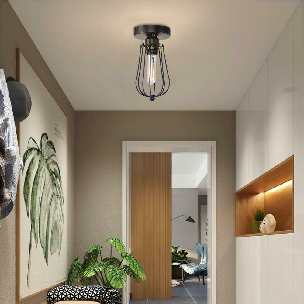 Vintage Hallway Ceiling Light, Black Semi-Flush Mount Basket Cage