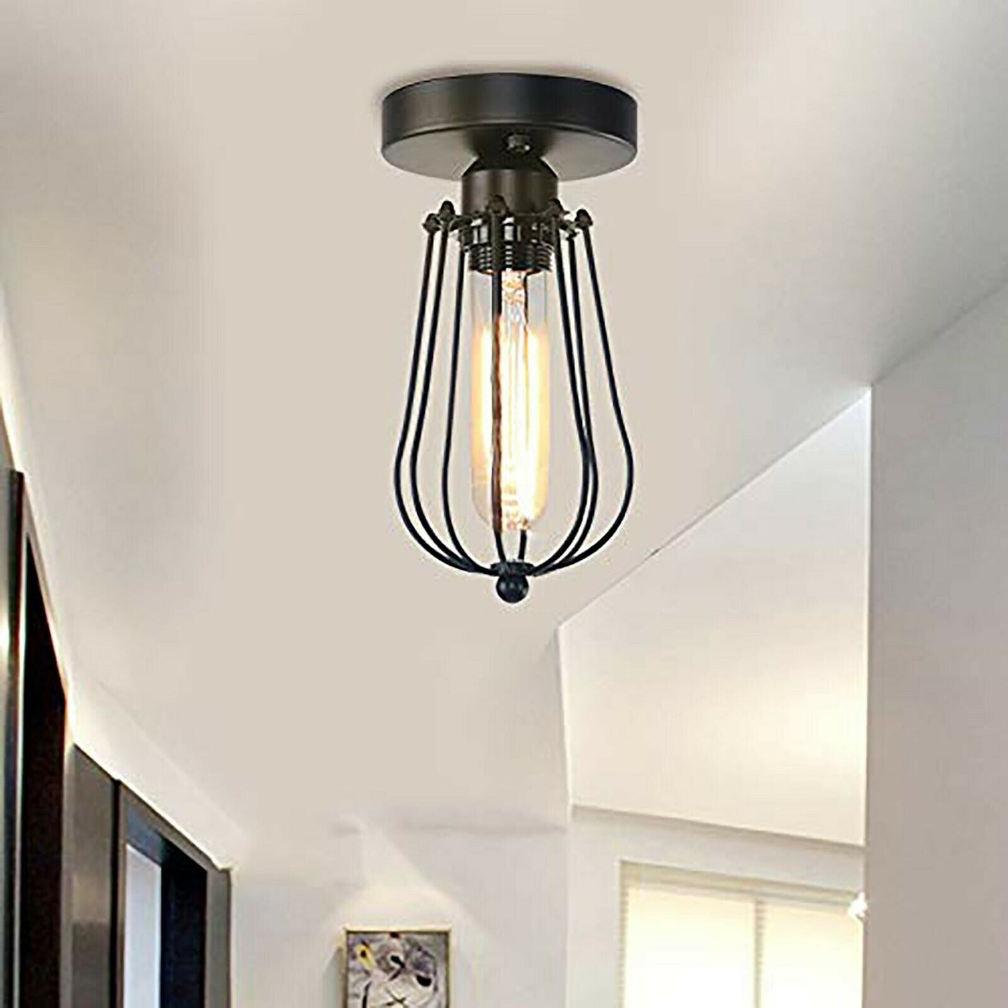 Vintage Hallway Ceiling Light, Black Semi-Flush Mount Basket Cage
