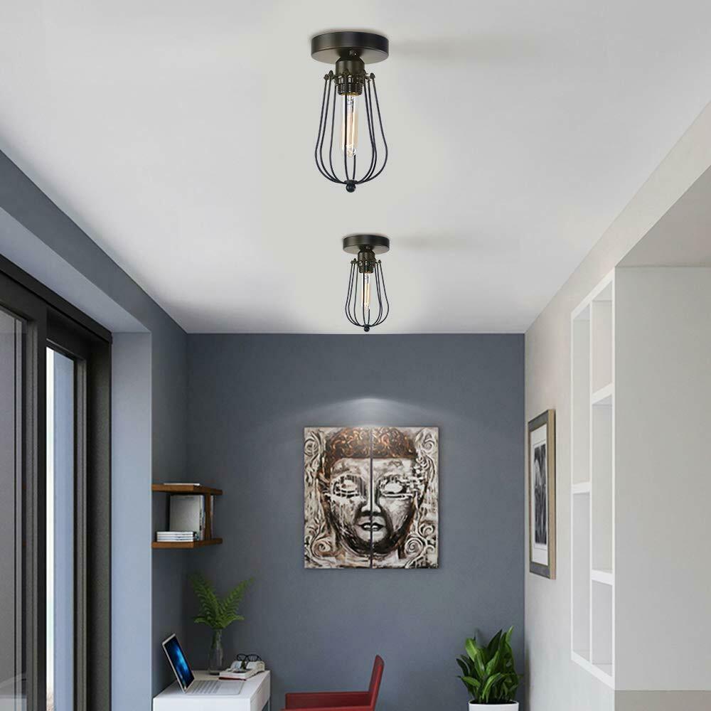 Vintage Hallway Ceiling Light, Black Semi-Flush Mount Basket Cage