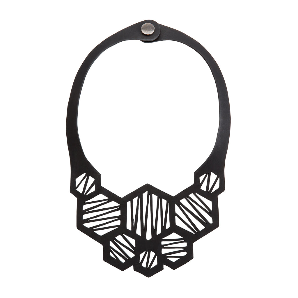 Honeycomb black geometric recycled rubber necklace