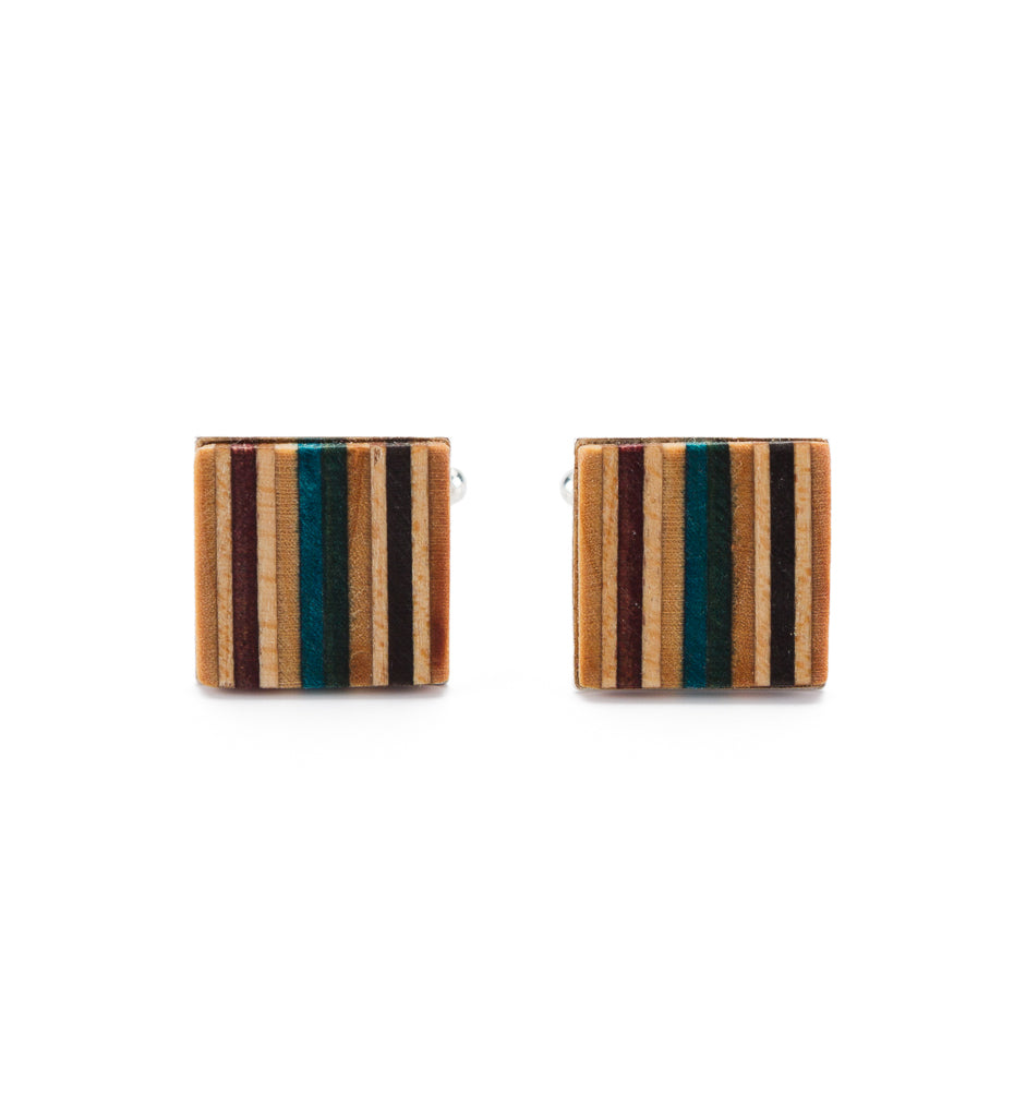 Recycled skateboard square cufflinks in multicolour wood