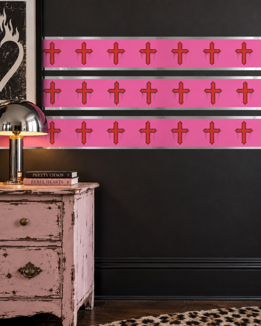 Rebel Riot - Gothica Cross - Wallpaper Border - Carnation