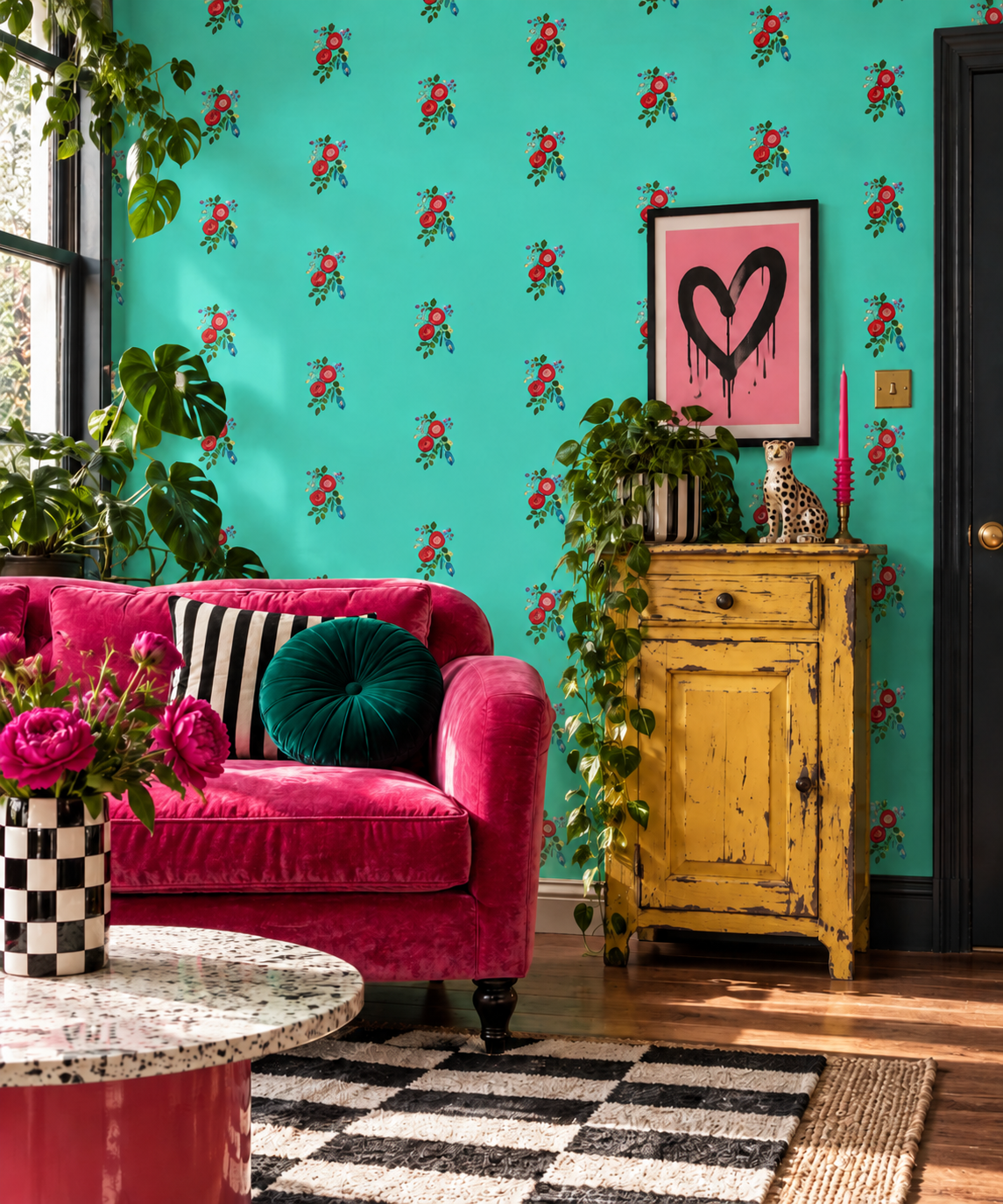 Poppy Ardevora Hero Green Signature Floral Wallpaper, wallpaper shown in a furnished room.