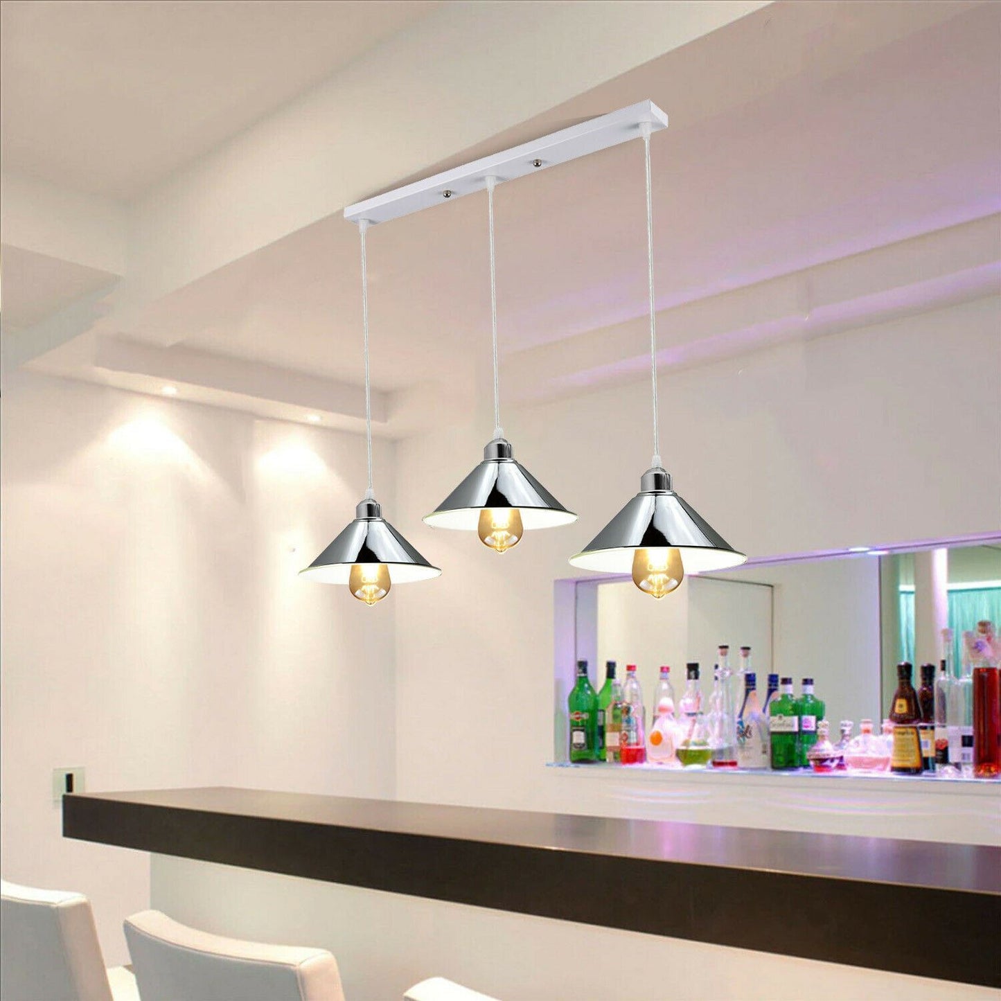 Modern Industrial Chrome 3 Way Ceiling Pendant Light Metal Cone Shape