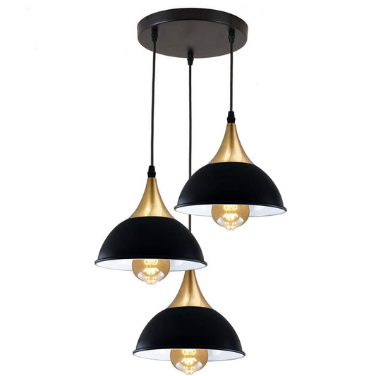 Retro Industrial 3Way Hanging Ceiling Pendant Light Black Dome Shape