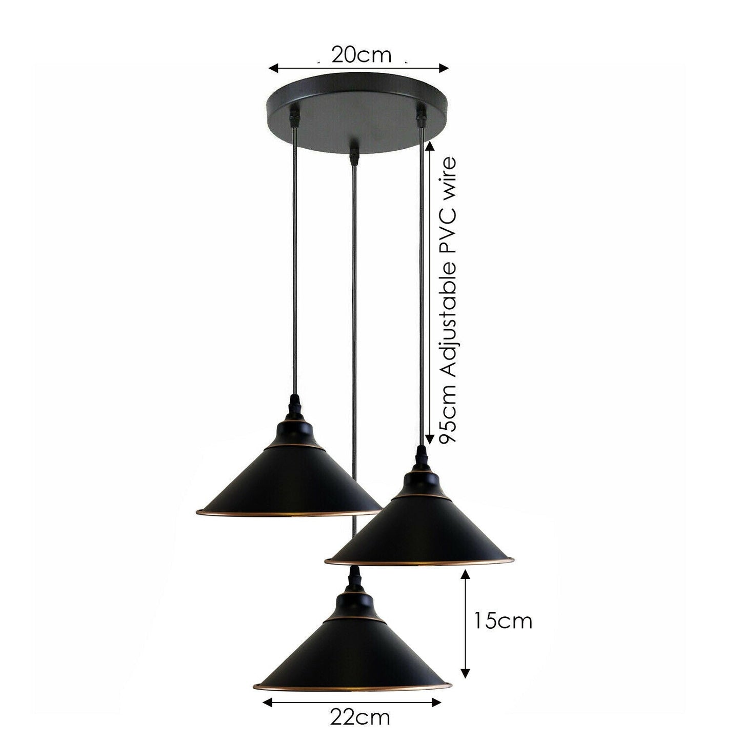 Industrial Vintage Ratio 3 head Round Black cone Ceiling Pendent