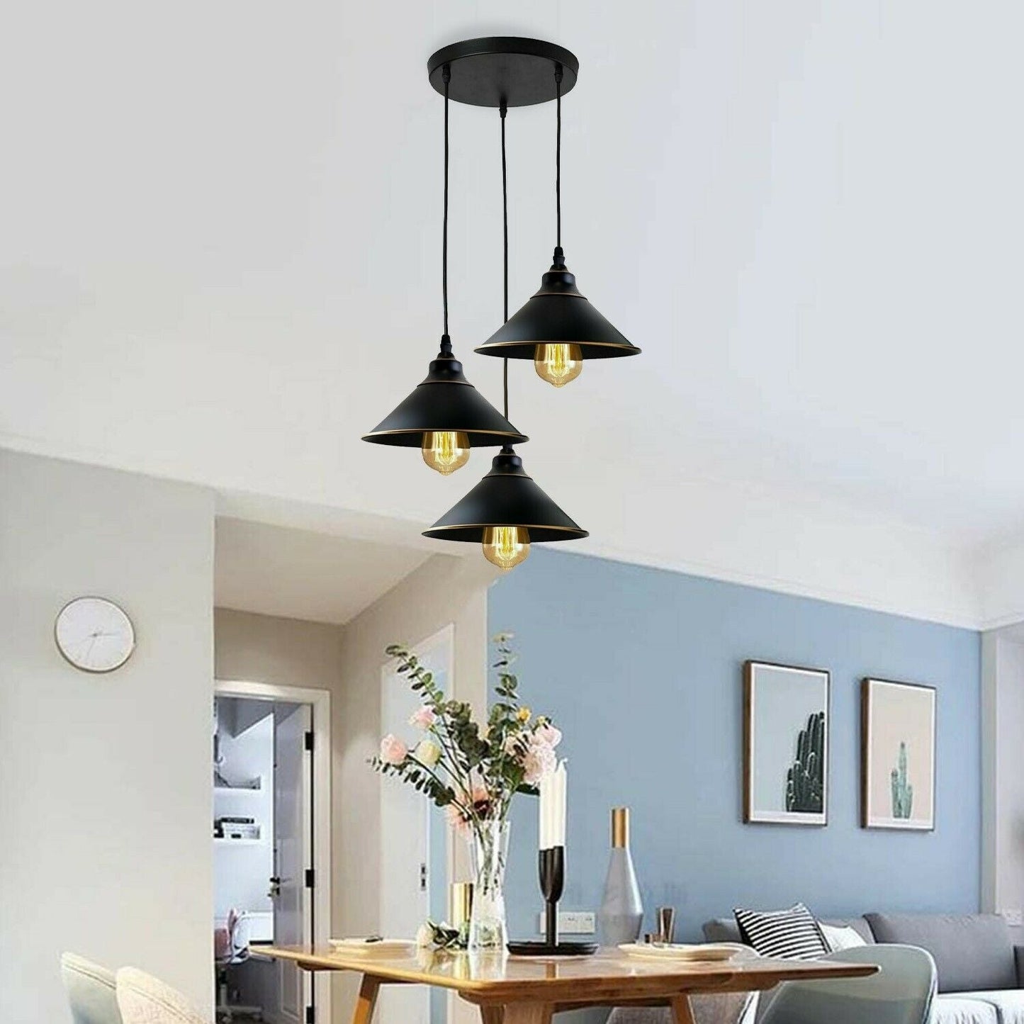 Industrial Vintage Ratio 3 head Round Black cone Ceiling Pendent