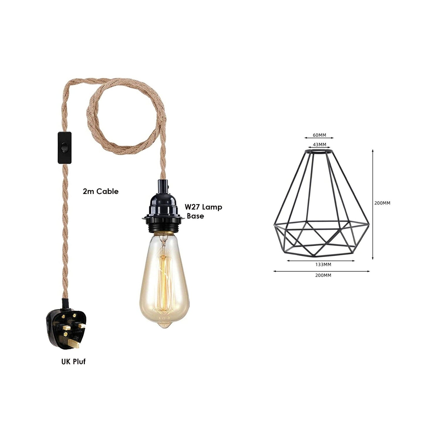 Natural Rope Wire Plug In Pendant Lamp Light E27