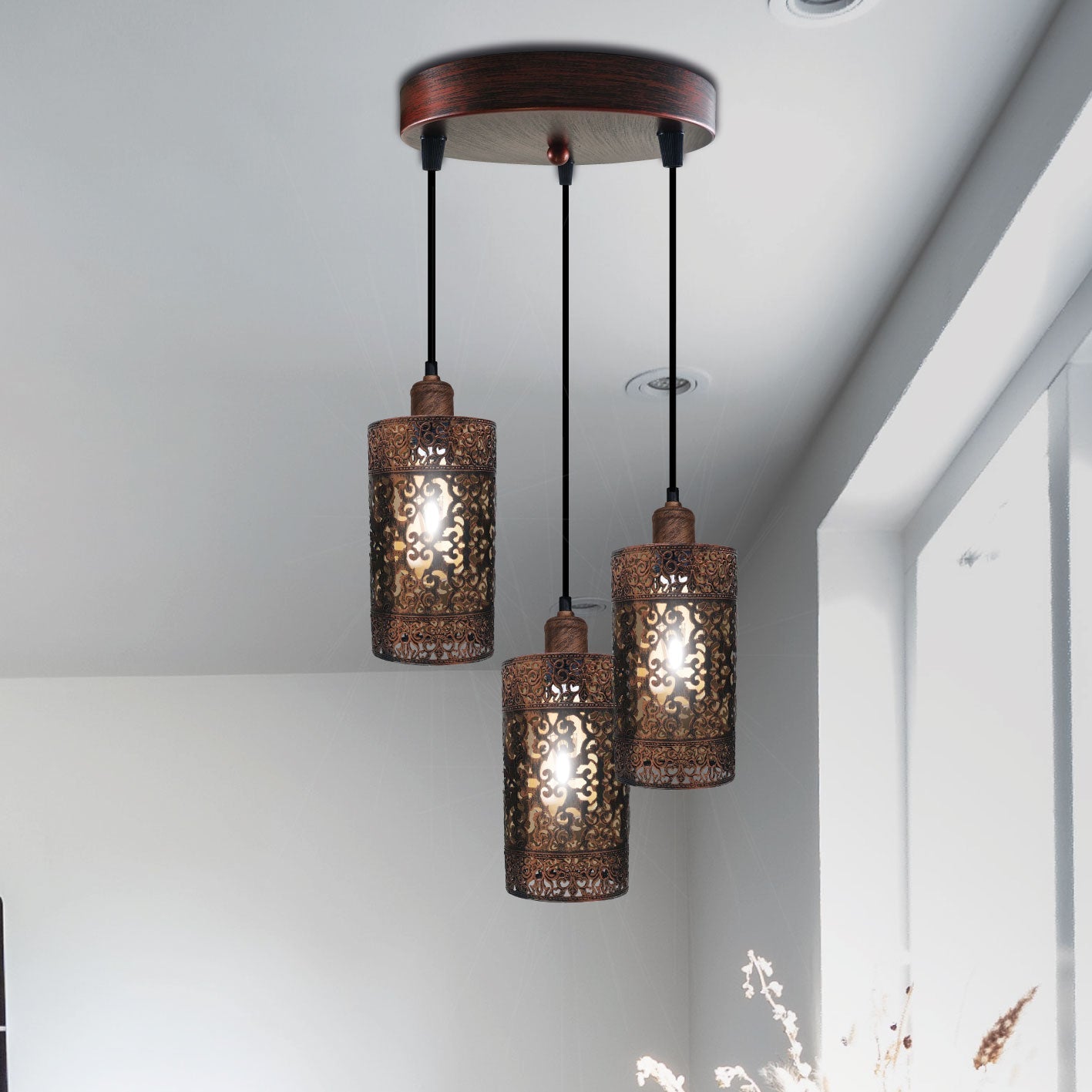 Metal Barrel Cage 3 Head Pendant Light in Rustic Red