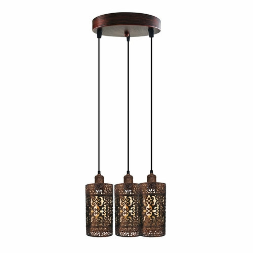 Metal Barrel Cage 3 Head Pendant Light in Rustic Red