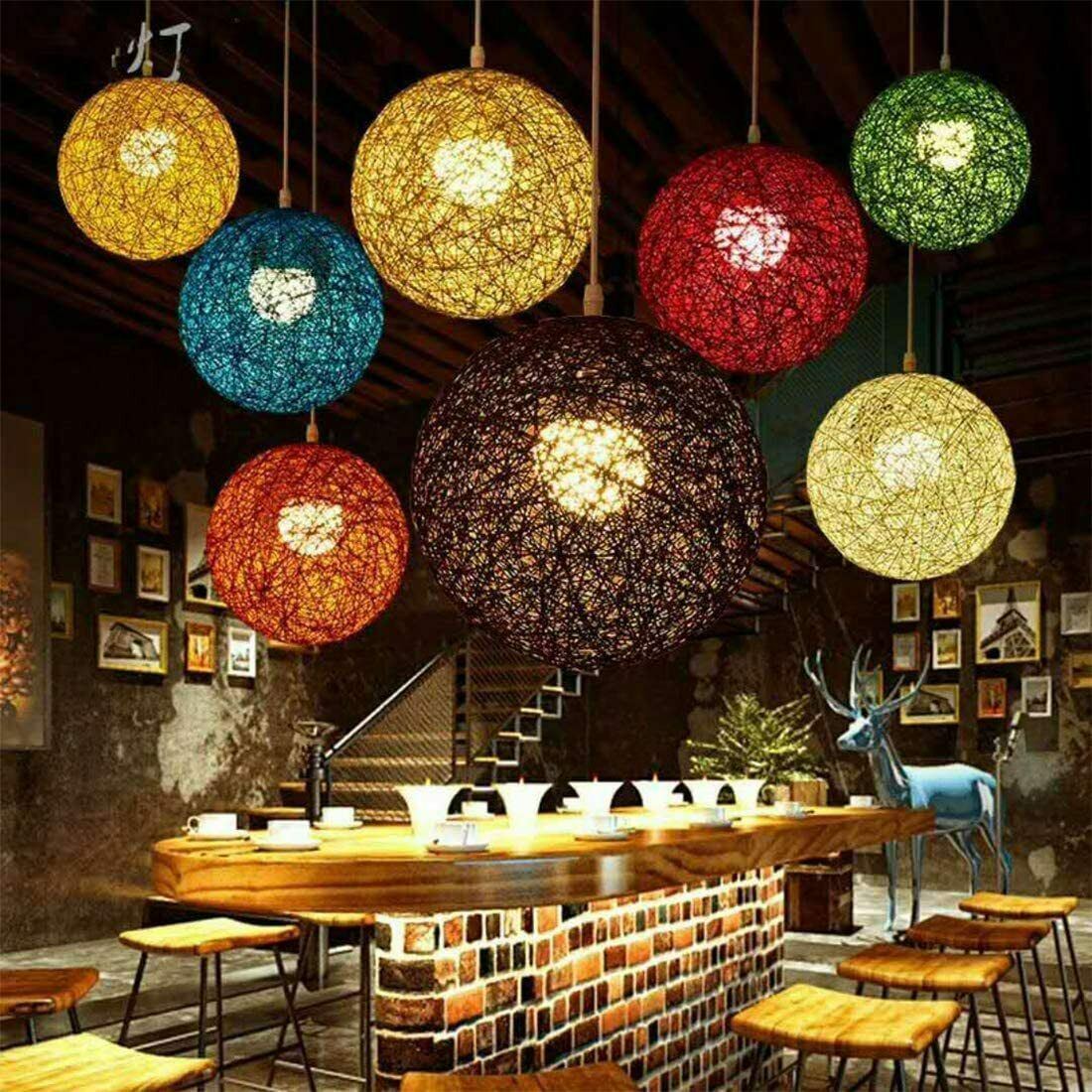 Modern Industrial Rattan Wicker Woven Ball Globe Two Outlet Pendant