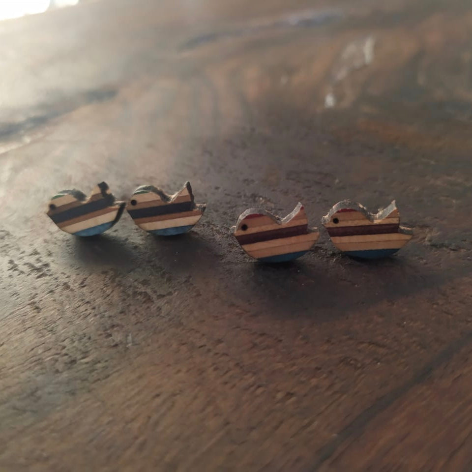 Robin little bird earrings made from reclaimed skateboard wood