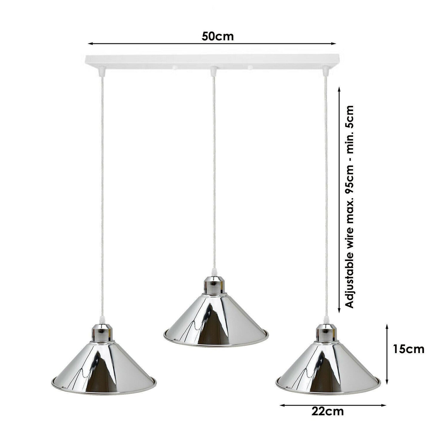 Modern Industrial Chrome 3 Way Ceiling Pendant Light Metal Cone Shape