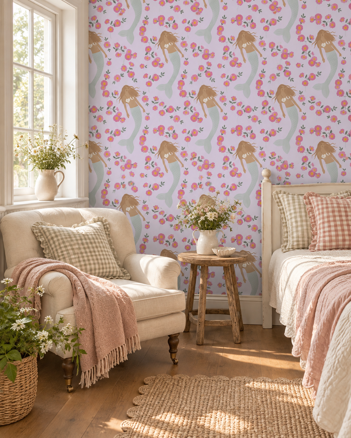Senara Sea Pearl Statement Mermaid Wallpaper, wallpaper shown in a furnished room.