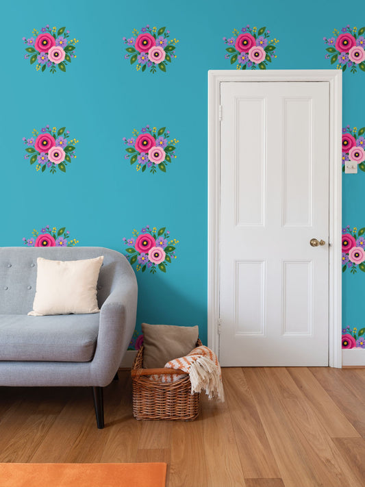 Posy Riot Wallpaper - Rose Eleanor - Sea Blue