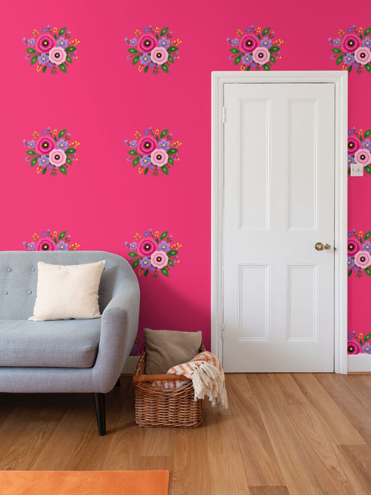 Posy Riot Wallpaper - Rose Eleanor - Hot Pink