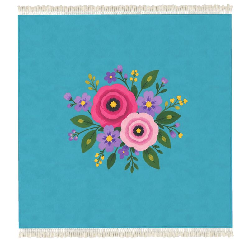 Posy Riot Fringed Velvet Rug - Rose Eleanor - Sea Blue - Big