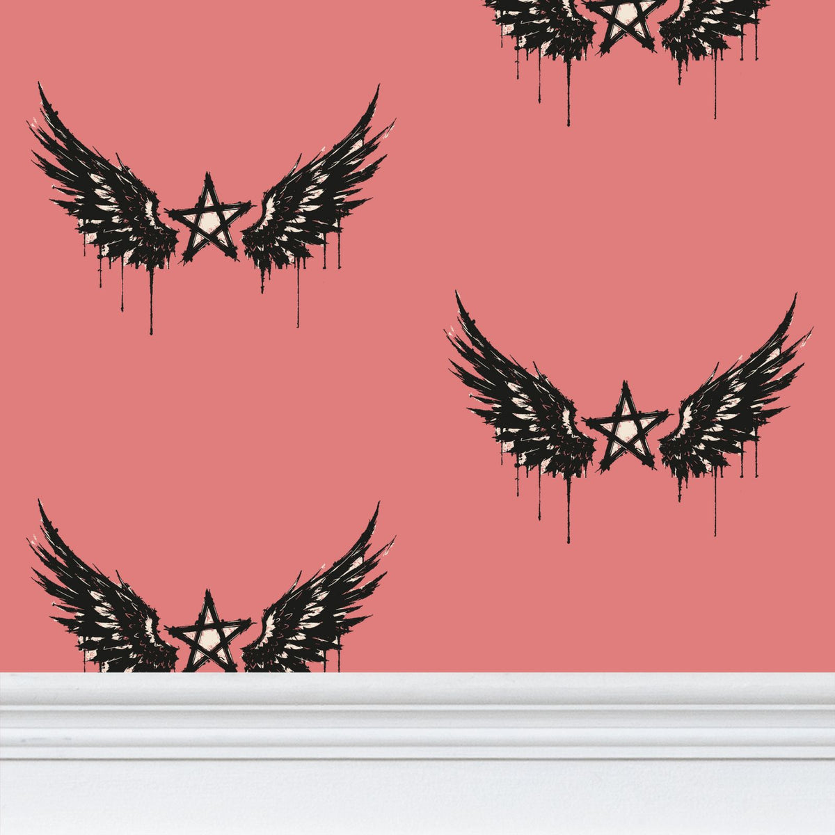 Star Wings Apricot Wallpaper, pattern detail above white skirting.