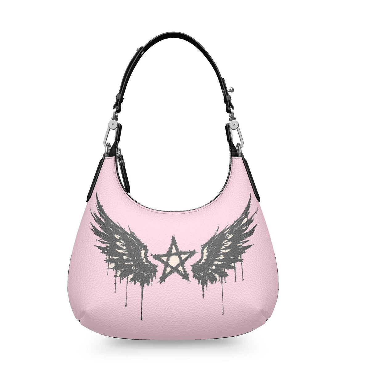 Rebel Riot Star Wings Blush leather handbag, pale pink background, front view with winged star print.