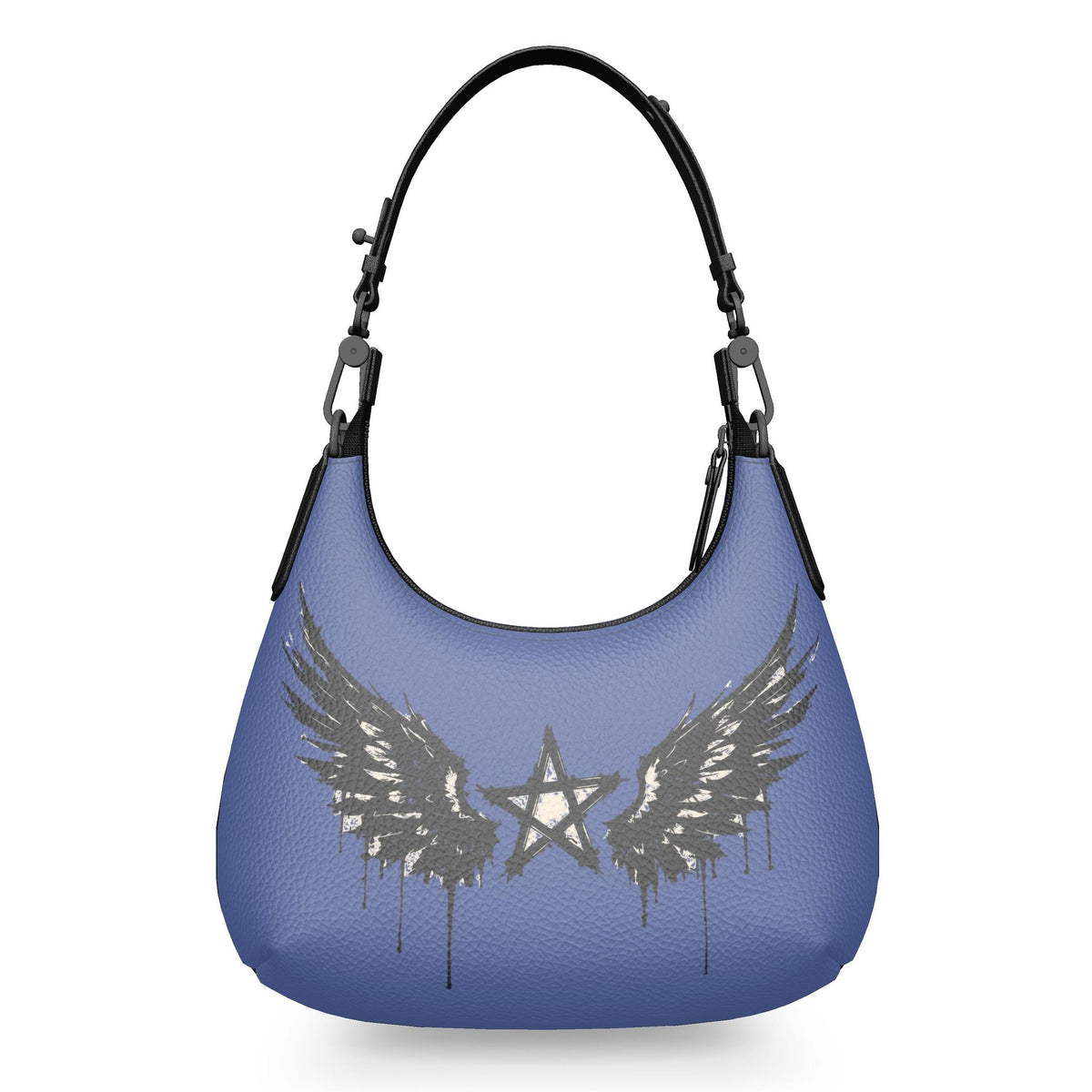 Rebel Riot Star Wings Midnight leather handbag, blue background, reverse view with winged star print.