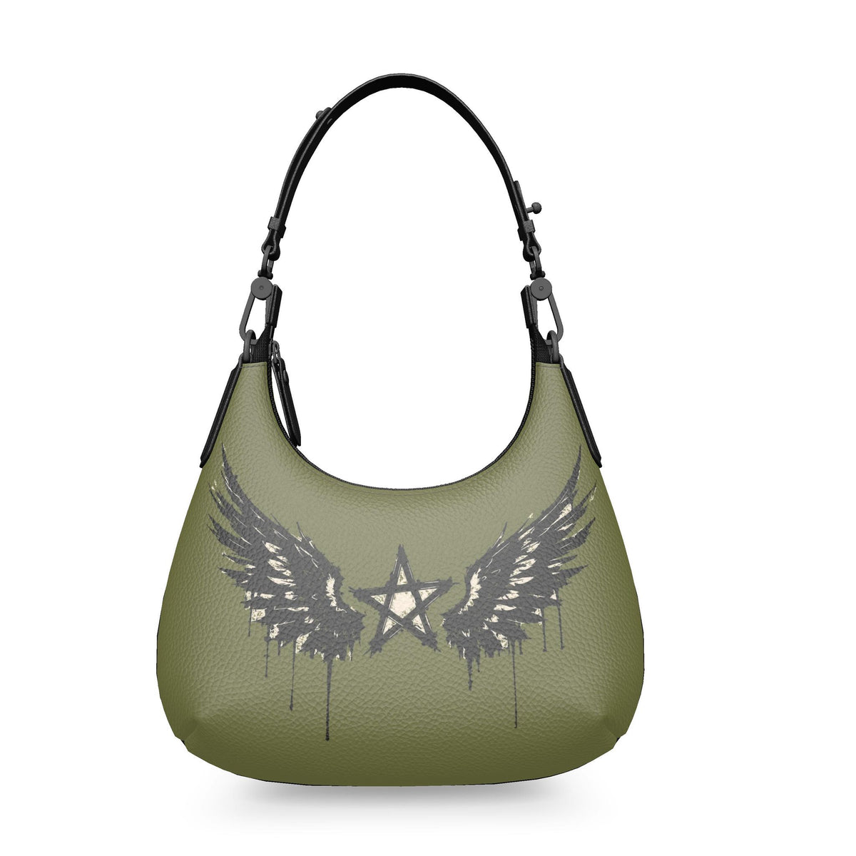 Rebel Riot Star Wings Army leather handbag, olive green background, front view with winged star print.