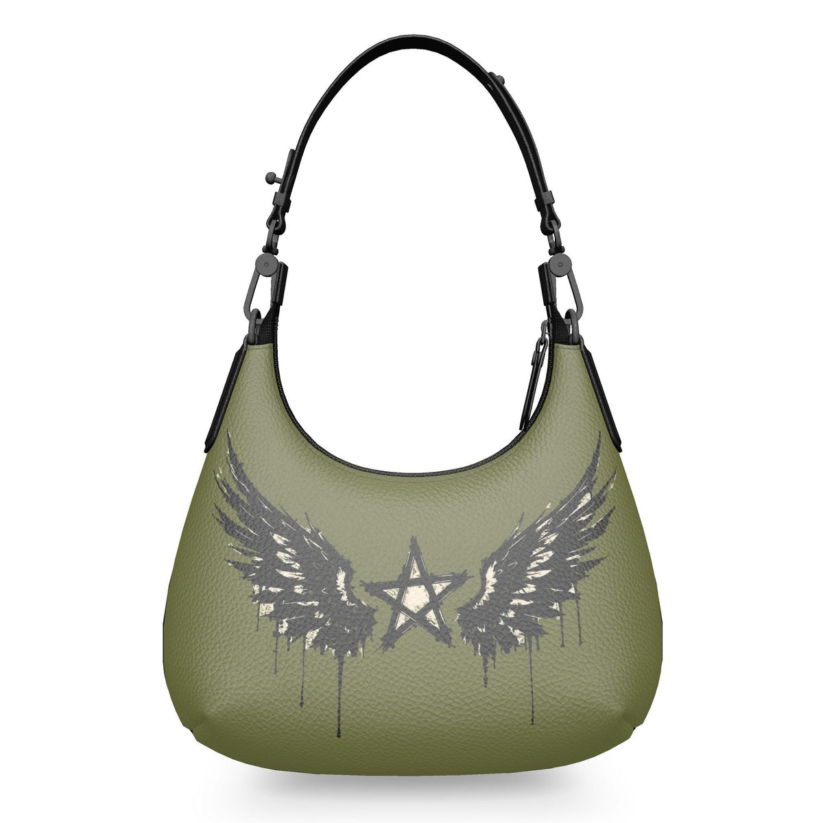 Rebel Riot Star Wings Army leather handbag, olive green background, reverse view with winged star print.
