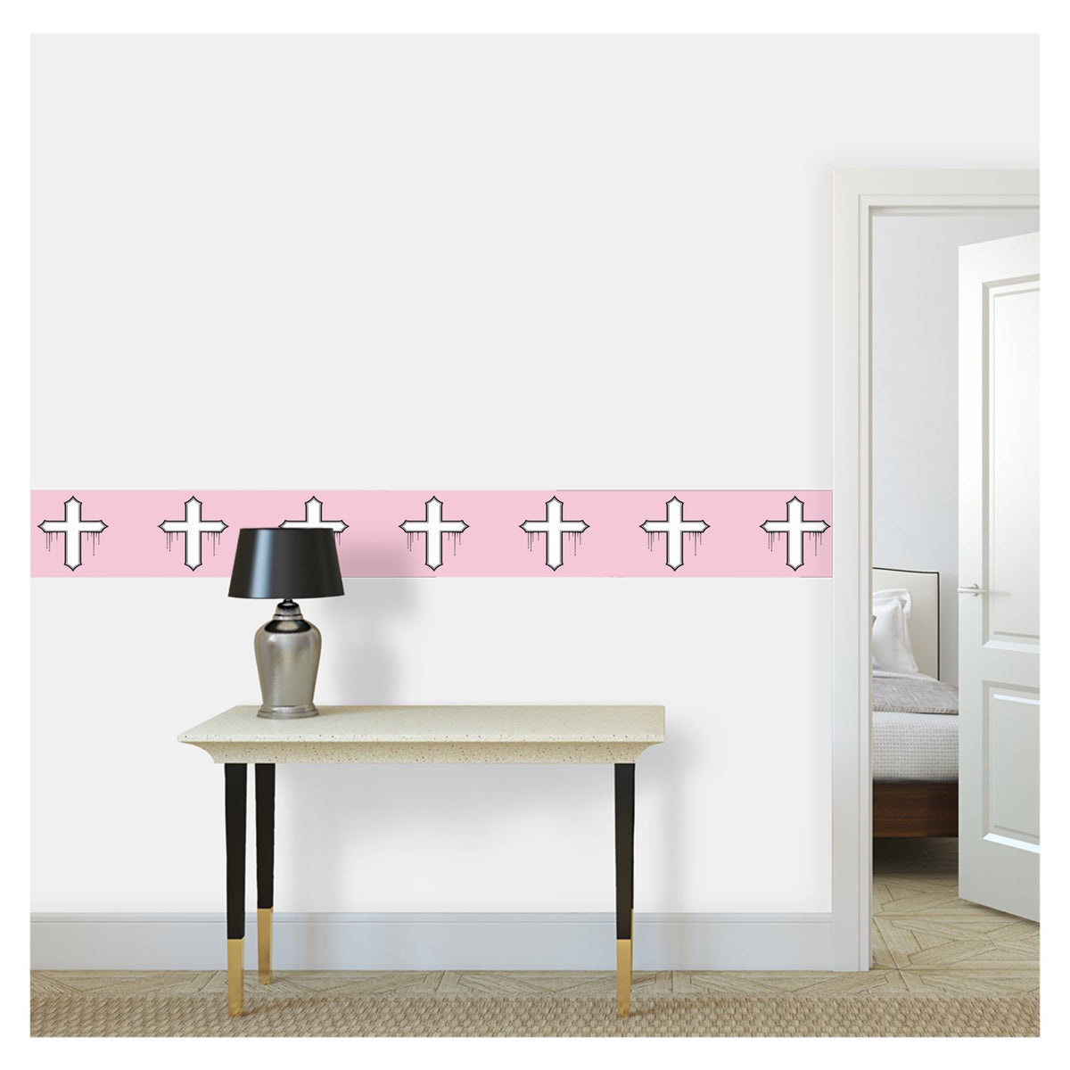 Rebel Riot Gothica Cross Sugar wallpaper border — white crosses on pale pink