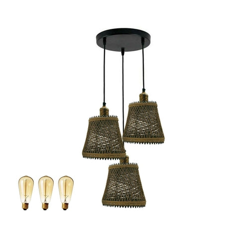 Industrial Rattan Wicker Design Chandelier Ceiling Pendant Light Brown