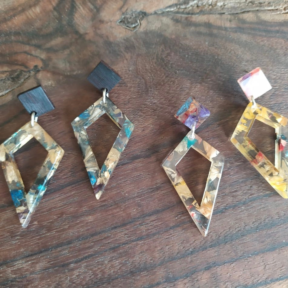 Prism recycled wood and plant resin drop earrings