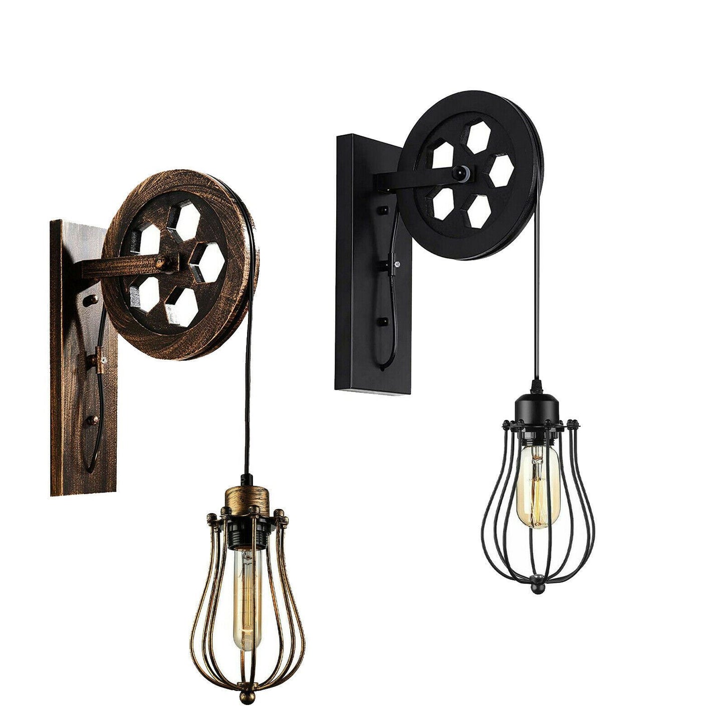 Retro Industrial Pulley Wheel Wall Light Fixture Metal Balloon Cage