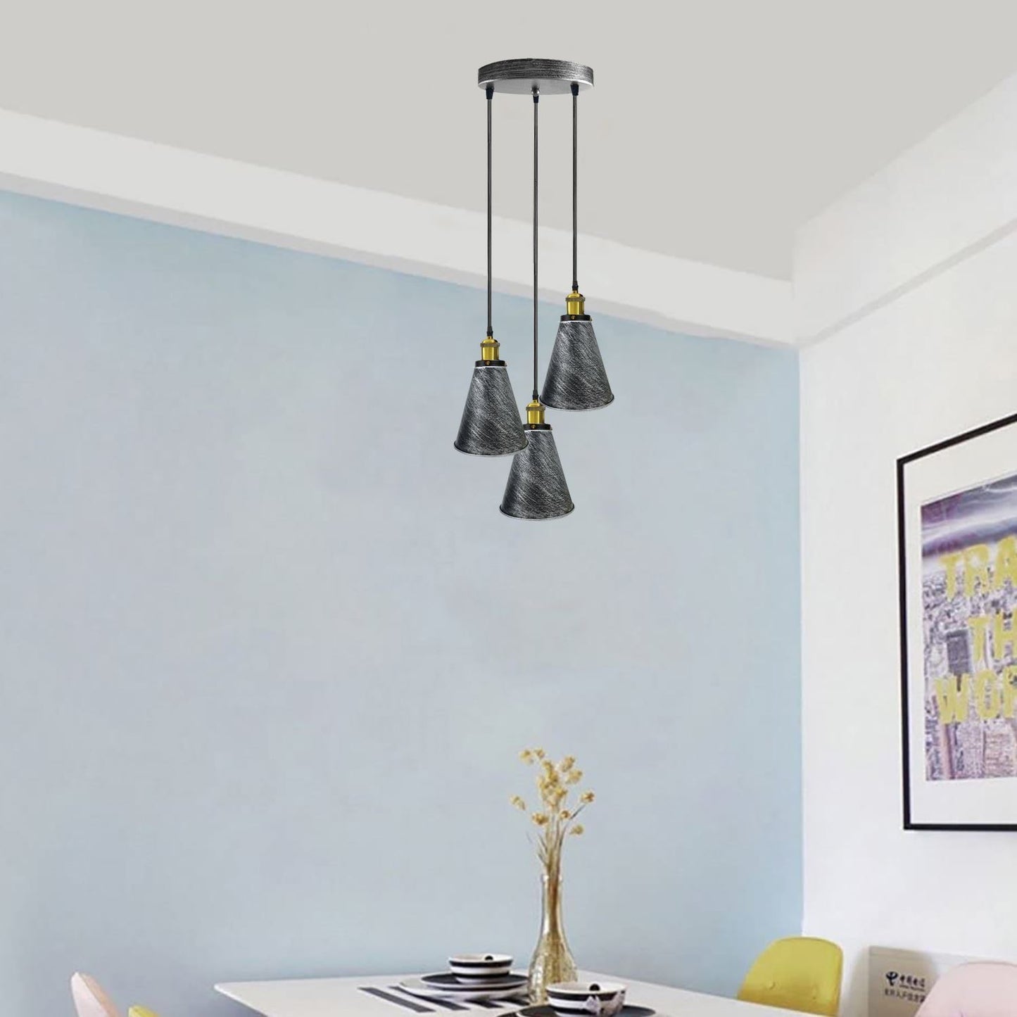 Retro Industrial 3- Head  Vintage Round Base Pendant Ceiling