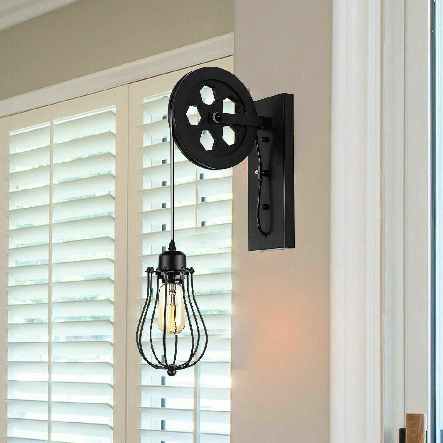 Retro Industrial Pulley Wheel Wall Light Fixture Metal Balloon Cage