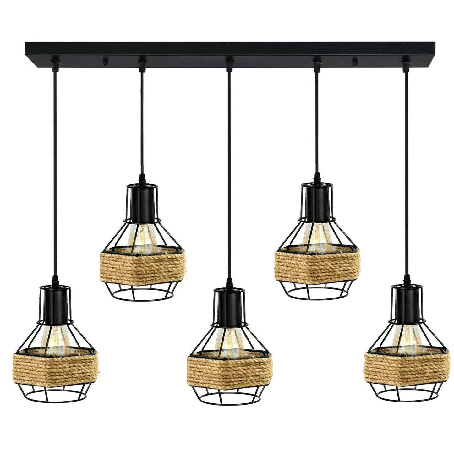 Industrial Hemp Rope Chandelier 5 Head Metal Ceiling Pendant