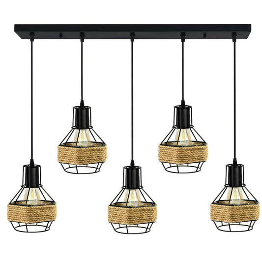 Industrial Hemp Rope Chandelier 5 Head Metal Ceiling Pendant